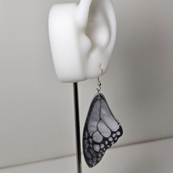 Handmade Monochrome Silver Butterfly Dangly Earrings - Picture 6 of 8